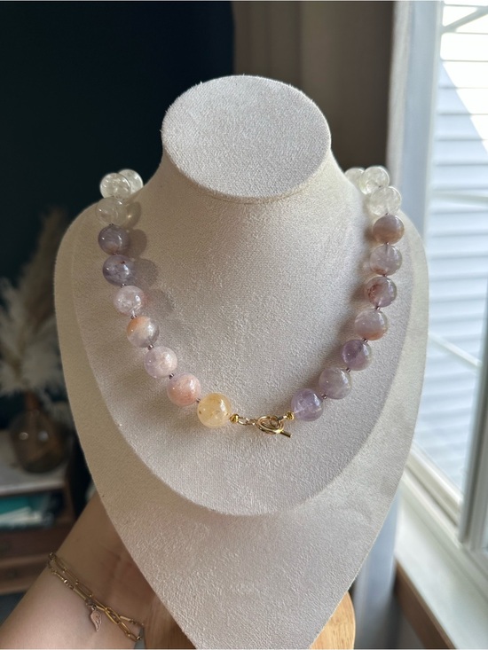 Jewelry - All Natural Amethyst & Clear Quartz Beaded Necklace with Gold Toggle